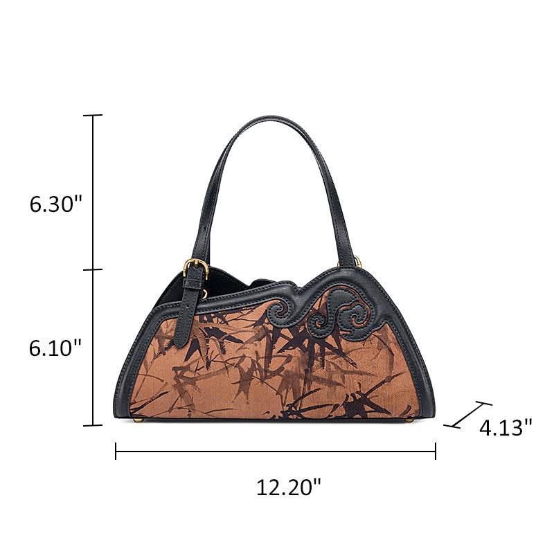 Mulberry Silk Top Handle Bag with Ink Bamboo Chinoiserie Design Mini Handbag for Women