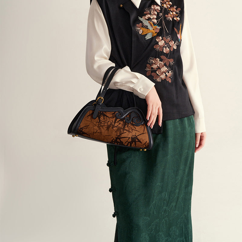Mulberry Silk Top Handle Bag with Ink Bamboo Chinoiserie Design Mini Handbag for Women