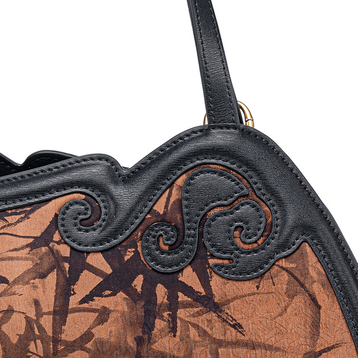 Mulberry Silk Top Handle Bag with Ink Bamboo Chinoiserie Design Mini Handbag for Women
