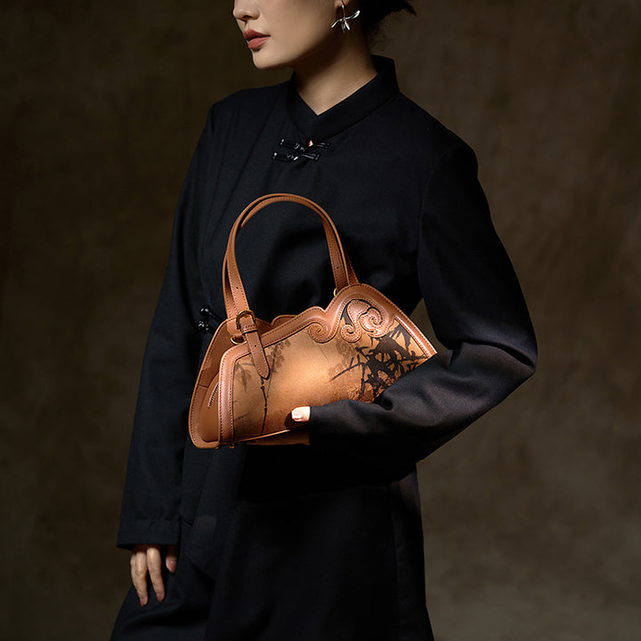 Mulberry Silk Top Handle Bag with Ink Bamboo Chinoiserie Design Mini Handbag for Women