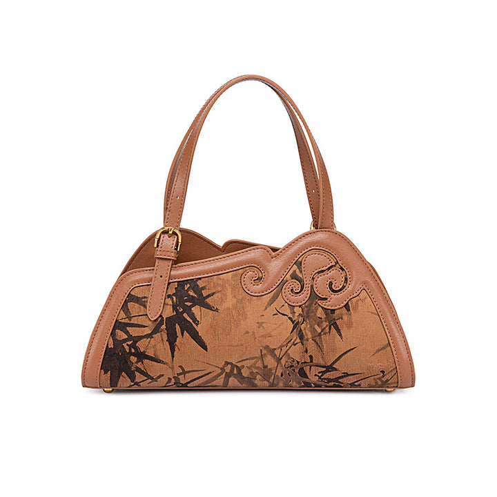 Mulberry Silk Top Handle Bag with Ink Bamboo Chinoiserie Design Mini Handbag for Women