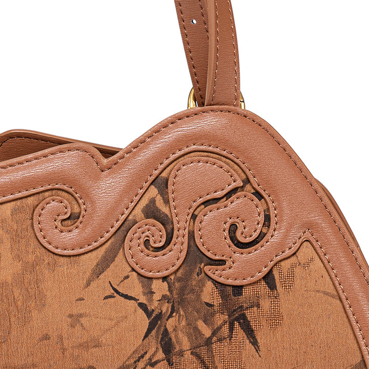 Mulberry Silk Top Handle Bag with Ink Bamboo Chinoiserie Design Mini Handbag for Women