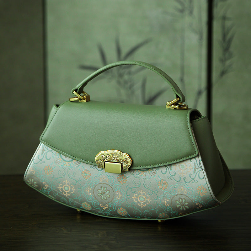 Mulberry Silk Top Handle Bag Chinese Brocade Structured Handbag for Women