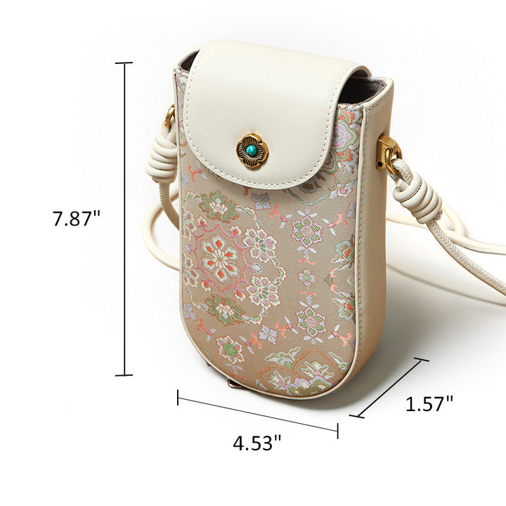 Mulberry Silk Crossbody Phone Bag Beige Song Brocade Mini Shoulder Purse for Women