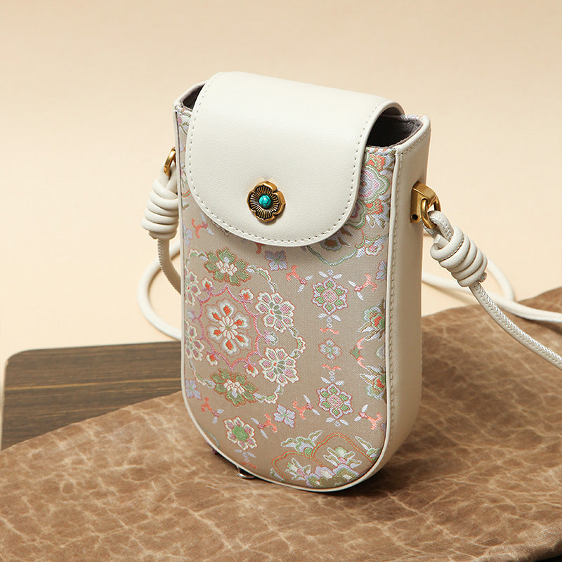 Mulberry Silk Crossbody Phone Bag Beige Song Brocade Mini Shoulder Purse for Women
