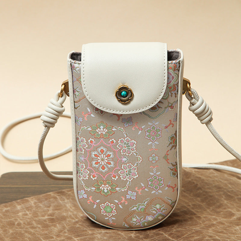 Mulberry Silk Crossbody Phone Bag Beige Song Brocade Mini Shoulder Purse for Women
