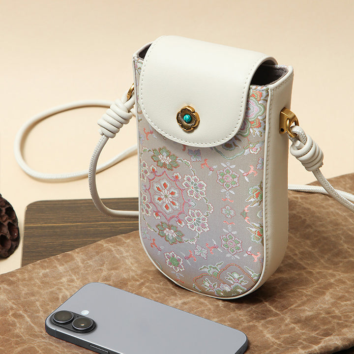 Mulberry Silk Crossbody Phone Bag Beige Song Brocade Mini Shoulder Purse for Women