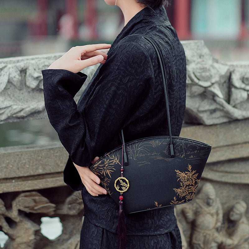 Xiangyunsha Silk Tote Bag for Women Chinese Floral Luxury Shoulder Bag with Leather Trim