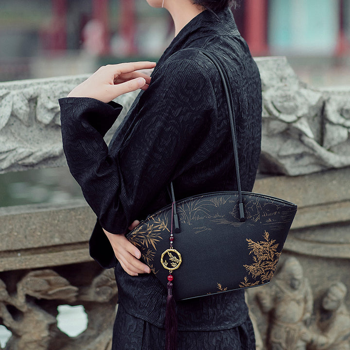 Xiangyunsha Silk Tote Bag for Women Chinese Floral Luxury Shoulder Bag with Leather Trim