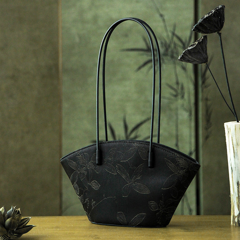 Xiangyunsha Silk Tote Bag for Women Chinese Floral Luxury Shoulder Bag with Leather Trim