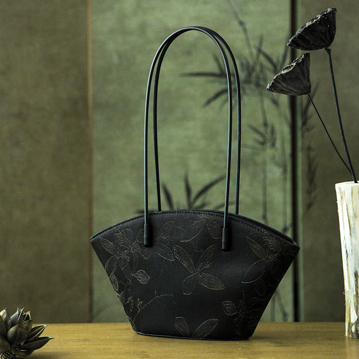 Xiangyunsha Silk Tote Bag for Women Chinese Floral Luxury Shoulder Bag with Leather Trim