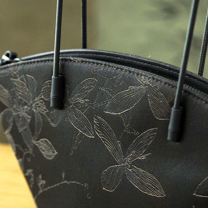 Xiangyunsha Silk Tote Bag for Women Chinese Floral Luxury Shoulder Bag with Leather Trim