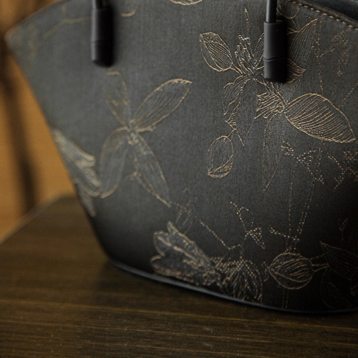 Xiangyunsha Silk Tote Bag for Women Chinese Floral Luxury Shoulder Bag with Leather Trim