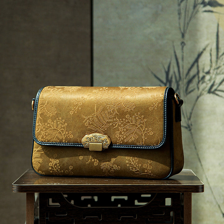 Xiangyunsha Silk Clutch Bag in Gold Chinoiserie with Detachable Strap