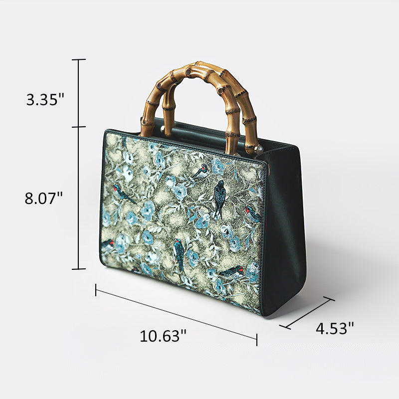 Luxury Bamboo Gray Handbag  Brocade Silk &amp; Cowhide Leather Chinese Pattern