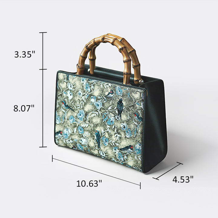 Luxury Bamboo Gray Handbag  Brocade Silk &amp; Cowhide Leather Chinese Pattern
