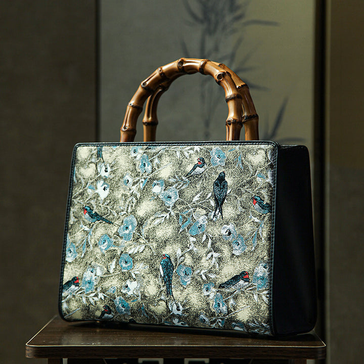 Luxury Bamboo Gray Handbag  Brocade Silk &amp; Cowhide Leather Chinese Pattern