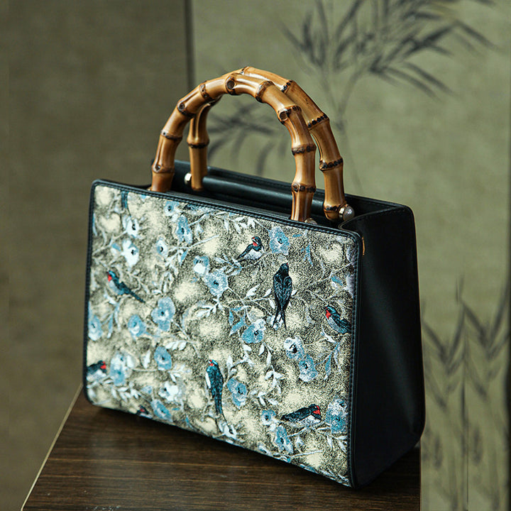 Luxury Bamboo Gray Handbag  Brocade Silk &amp; Cowhide Leather Chinese Pattern