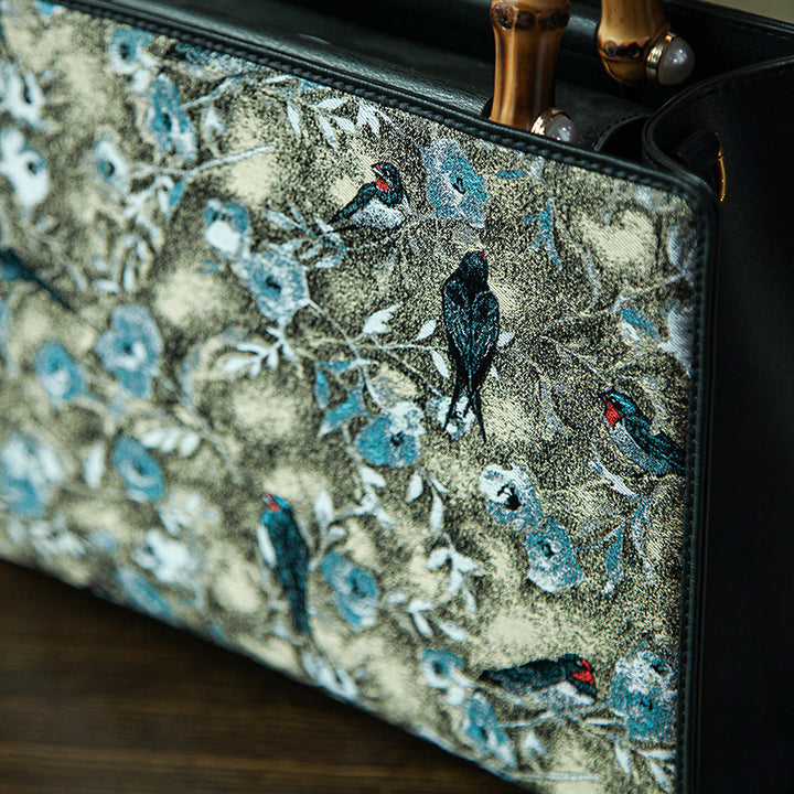 Luxury Bamboo Gray Handbag  Brocade Silk &amp; Cowhide Leather Chinese Pattern