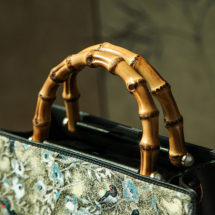 Luxury Bamboo Gray Handbag  Brocade Silk &amp; Cowhide Leather Chinese Pattern