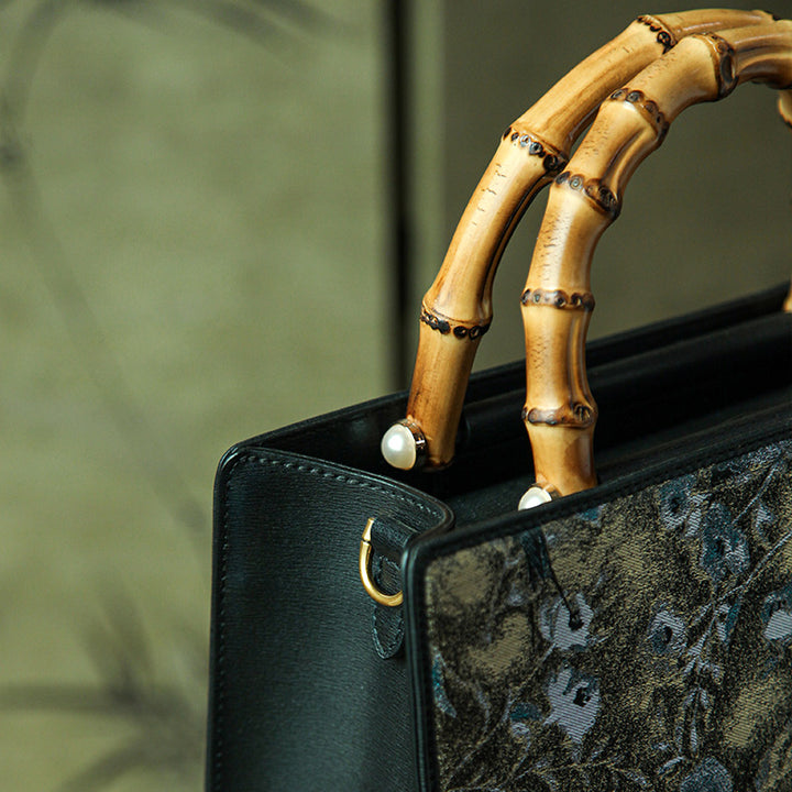 Luxury Bamboo Gray Handbag  Brocade Silk &amp; Cowhide Leather Chinese Pattern
