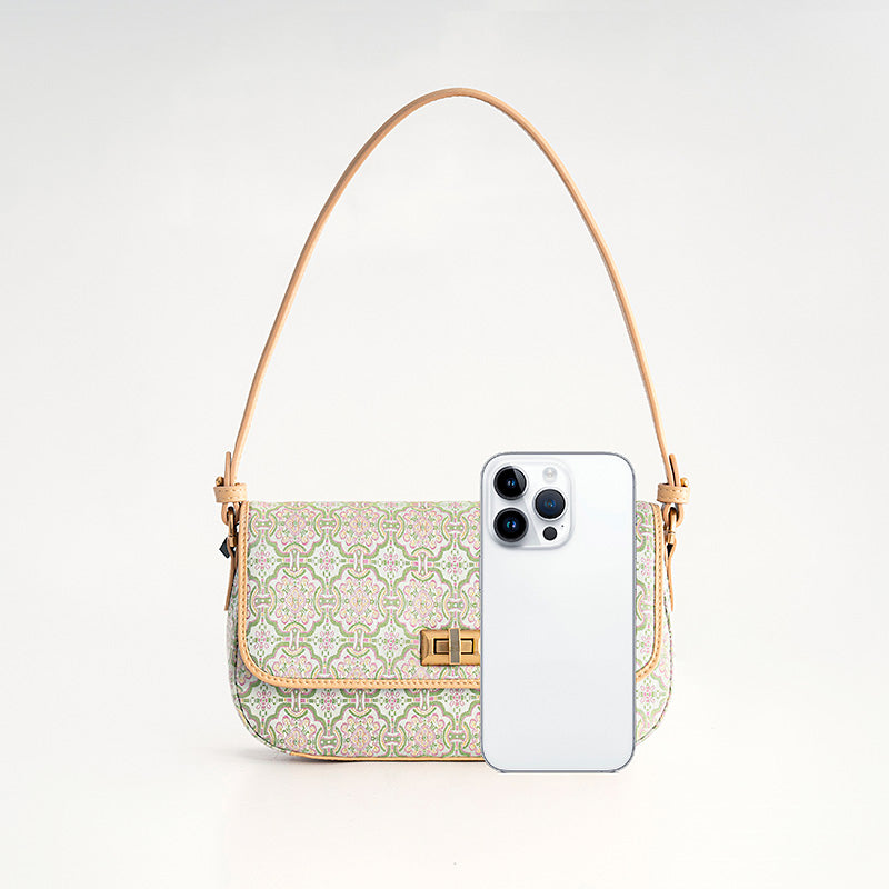 Chinese Pattern Brocade Silk Small Leather Shoulder bag with Cowhide
