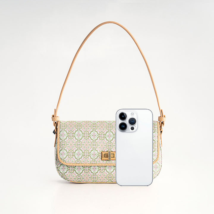 Chinese Pattern Brocade Silk Small Leather Shoulder bag with Cowhide