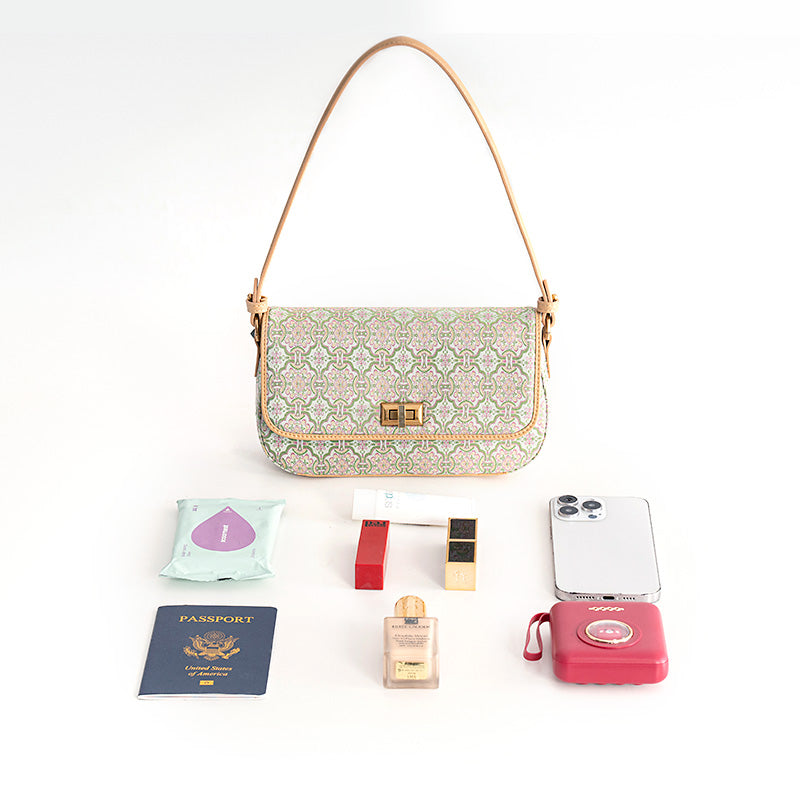 Chinese Pattern Brocade Silk Small Leather Shoulder bag with Cowhide