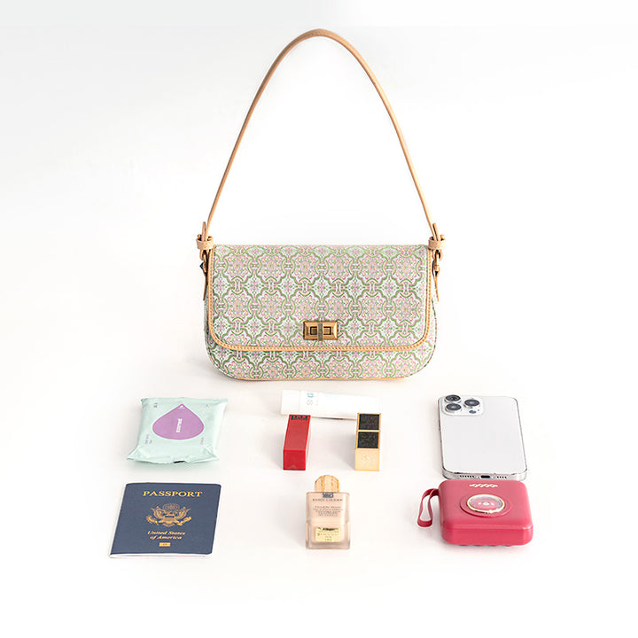 Chinese Pattern Brocade Silk Small Leather Shoulder bag with Cowhide