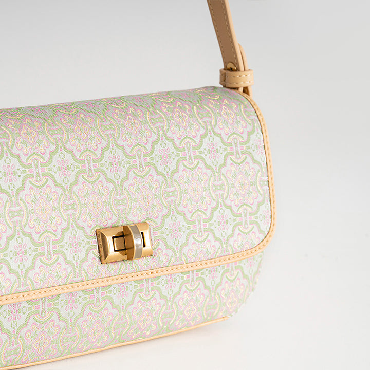 Chinese Pattern Brocade Silk Small Leather Shoulder bag with Cowhide