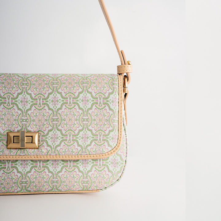 Chinese Pattern Brocade Silk Small Leather Shoulder bag with Cowhide
