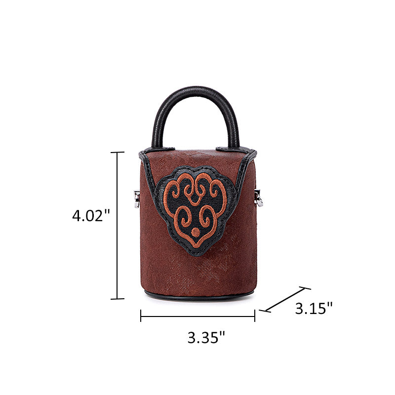 Mini Bucket Bag Top Handle Mulberry Silk &amp; Cowhide Leather Chinese Design