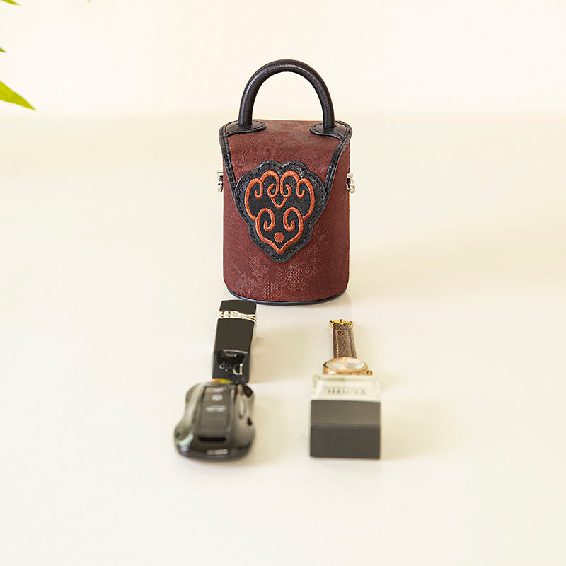 Mini Bucket Bag Top Handle Mulberry Silk &amp; Cowhide Leather Chinese Design