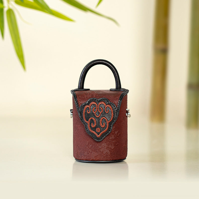 Mini Bucket Bag Top Handle Mulberry Silk &amp; Cowhide Leather Chinese Design