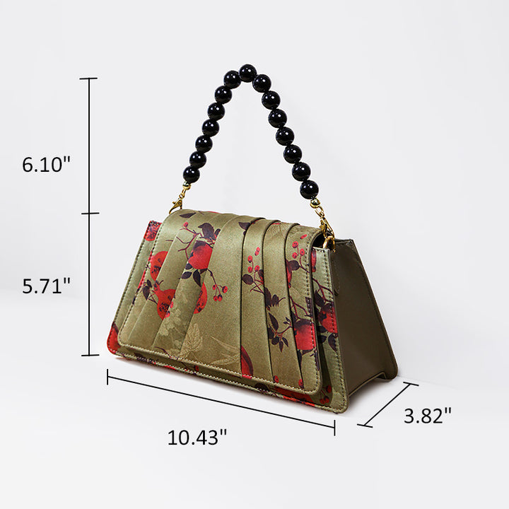 Fan-Pleated Silk Top Handle Bag Xiangyunsha &amp; Beaded Handle Gold, Red &amp; Green