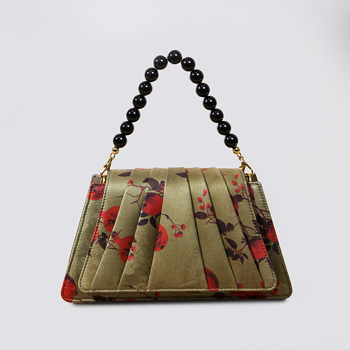 Fan-Pleated Silk Top Handle Bag Xiangyunsha &amp; Beaded Handle Gold, Red &amp; Green