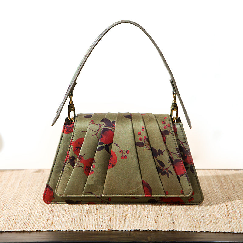 Fan-Pleated Silk Top Handle Bag Xiangyunsha &amp; Beaded Handle Gold, Red &amp; Green