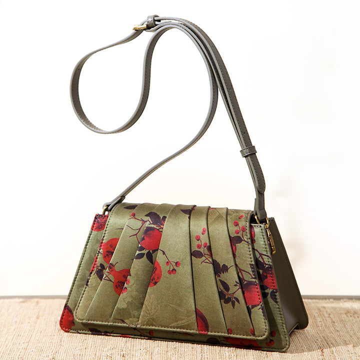 Fan-Pleated Silk Top Handle Bag Xiangyunsha &amp; Beaded Handle Gold, Red &amp; Green