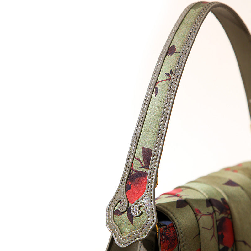 Fan-Pleated Silk Top Handle Bag Xiangyunsha &amp; Beaded Handle Gold, Red &amp; Green