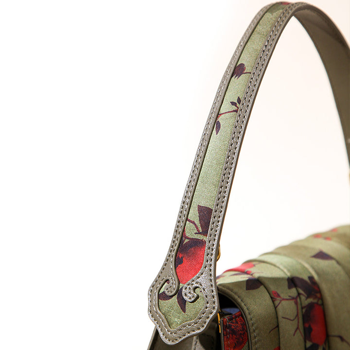 Fan-Pleated Silk Top Handle Bag Xiangyunsha &amp; Beaded Handle Gold, Red &amp; Green