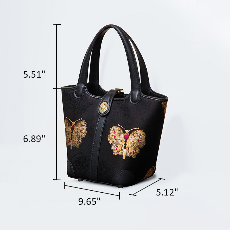 Black Silk Brocade Bucket Bag Butterfly Embroidery Crossbody Handbag