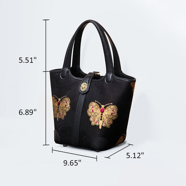 Black Silk Brocade Bucket Bag Butterfly Embroidery Crossbody Handbag