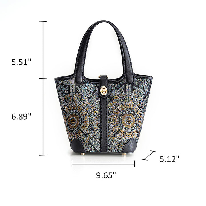Small Bucket Leather Tote Bag Chinese Pattern Song Brocade Fabric