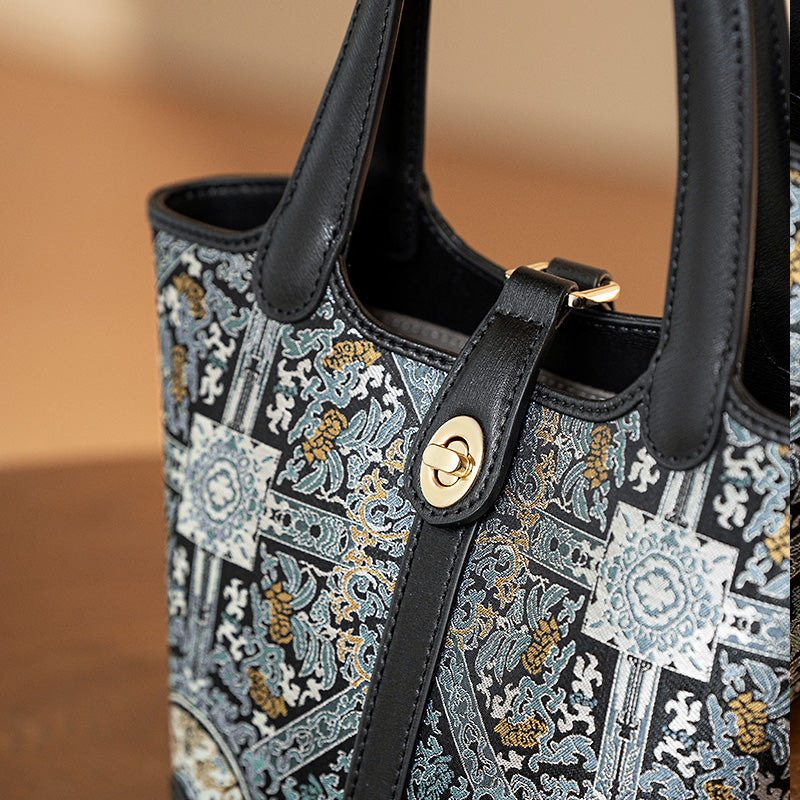 Small Bucket Leather Tote Bag Chinese Pattern Song Brocade Fabric