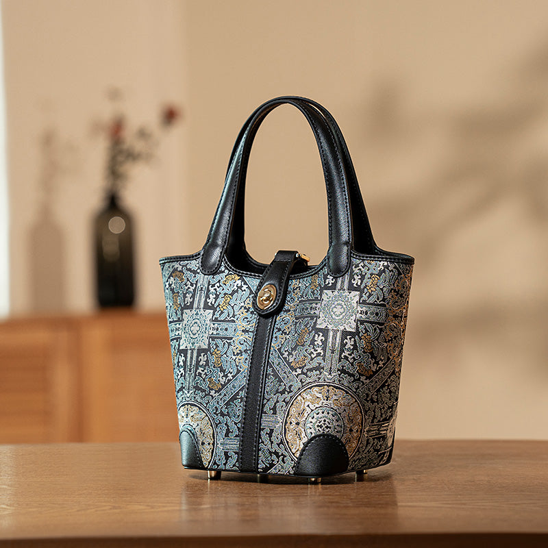 Small Bucket Leather Tote Bag Chinese Pattern Song Brocade Fabric