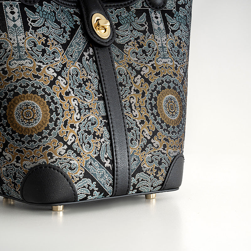 Small Bucket Leather Tote Bag Chinese Pattern Song Brocade Fabric