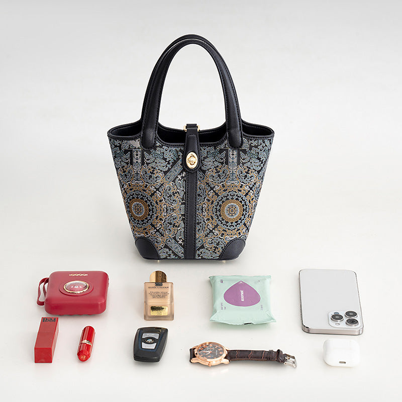 Small Bucket Leather Tote Bag Chinese Pattern Song Brocade Fabric