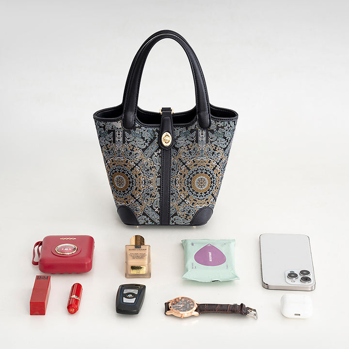 Small Bucket Leather Tote Bag Chinese Pattern Song Brocade Fabric