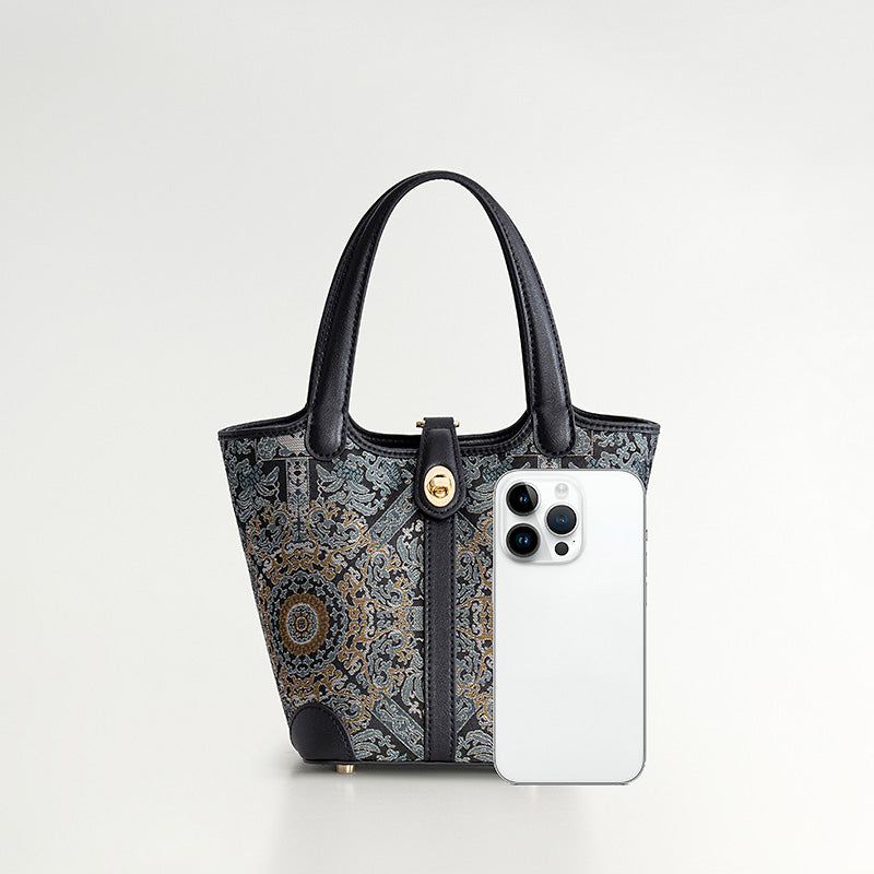 Small Bucket Leather Tote Bag Chinese Pattern Song Brocade Fabric