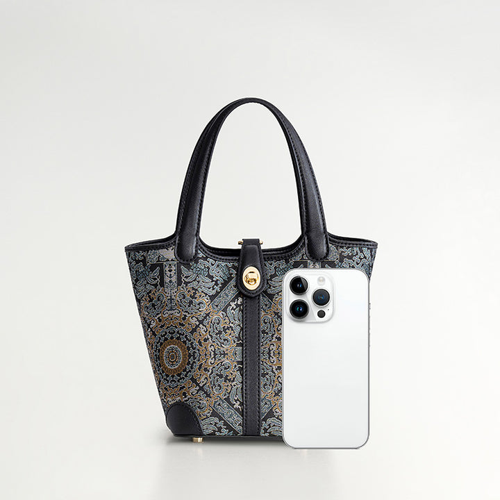 Small Bucket Leather Tote Bag Chinese Pattern Song Brocade Fabric